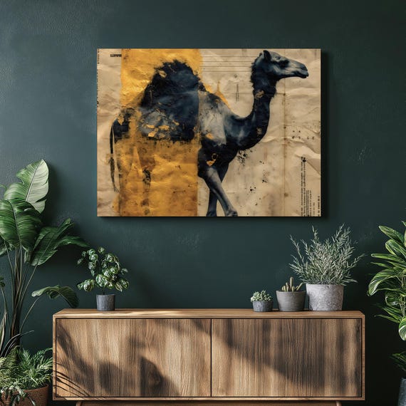 Majestic Camel Canvas Wall Art Vintage Desert Silhouette Boho Animal Print Minimalist Gold Accent Modern Rustic Primitive Nature Decor