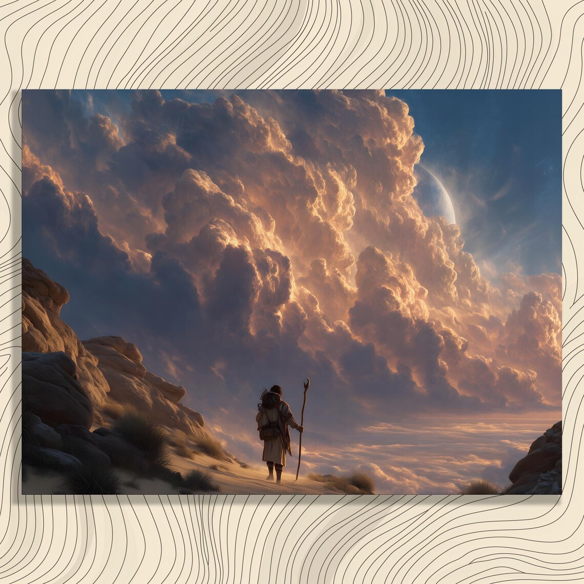 Lone Desert Traveler Towering Clouds Moonlit Fantasy Art Poster