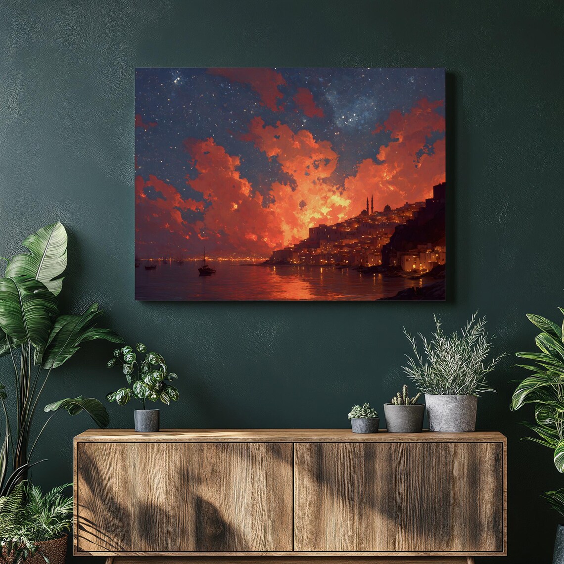 Sunset Coastal Town Hillside Harbor Boats Evening Sky Wall Art