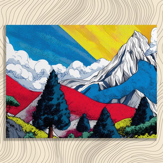 Colorful Mountain Landscape Canvas Wall Art Pop Nature Print Modern Decor Pine Forest Scene Bold Azure Sky Halftone Style