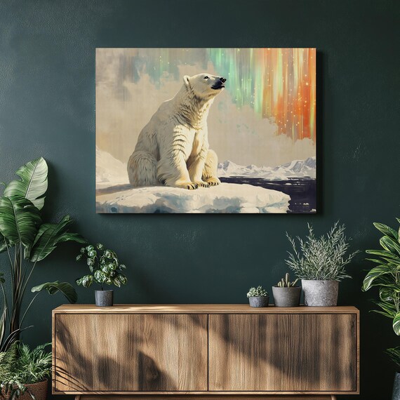 Polar Bear Aurora Canvas Wall Art Serene Arctic Wildlife Print With Northern Lights Landscape Tranquil Winter Nature Decor For Cozy Home
