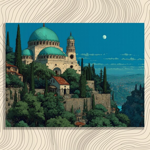 Moonlit Landscape Canvas Wall Art Retro Impressionist Cityscape Dome Print In Serene Green Blue Decor Bohemian Eclectic Style