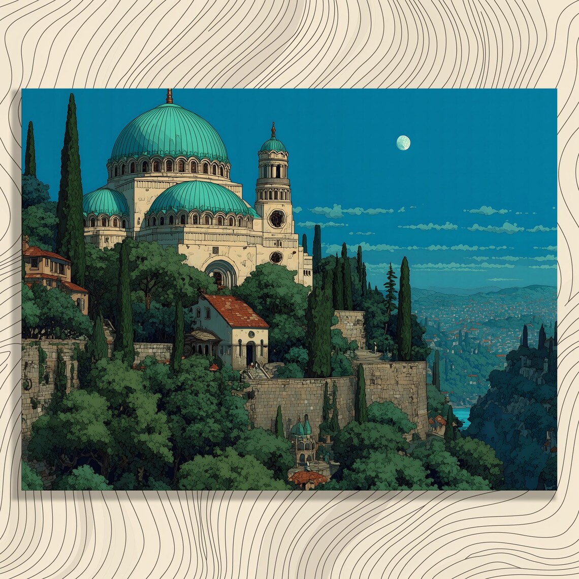 Moonlit Landscape Canvas Wall Art Retro Impressionist Cityscape Dome Print In Serene Green Blue Decor Bohemian Eclectic Style