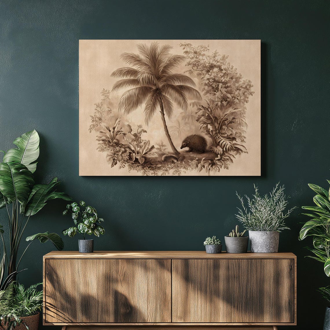 Vintage Tropical Palm Canvas Wall Art Sepia Tree Print Echidna Wildlife Illustration Botanical Jungle Engraving Rainforest Decor