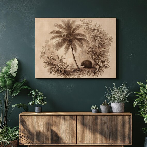 Vintage Echidna Tropical Palm Tree Sepia Botanical Art Poster