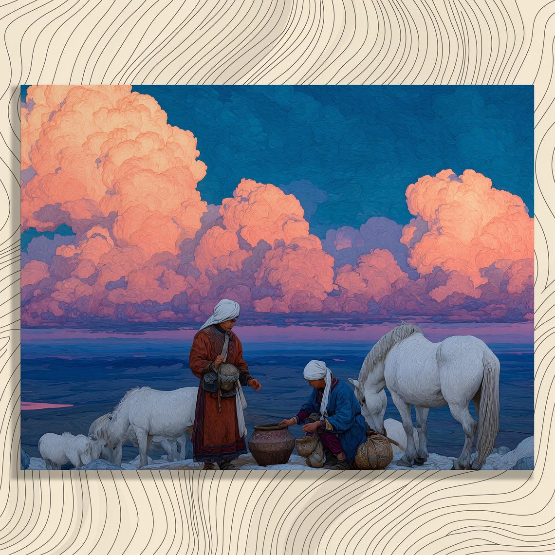 Pastoral Sunset White Horses and Herders Traditional Painting Wall Art