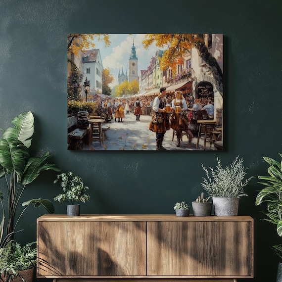 Germany Oktoberfest Canvas Wall Art Munich Festival Decor Home Accent Beer Steins Bavarian Costumes Lively Music Cultural Stretched Artwork