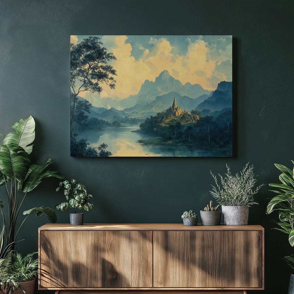 Laos Temple Mountain River Misty Green Jungle Landscape Poster
