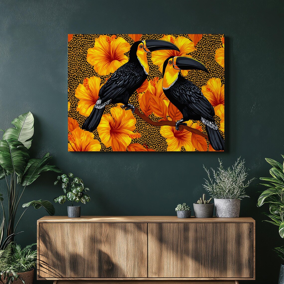 Two Toucans Orange Hibiscus Flowers Tropical Bird Jungle Wall Art