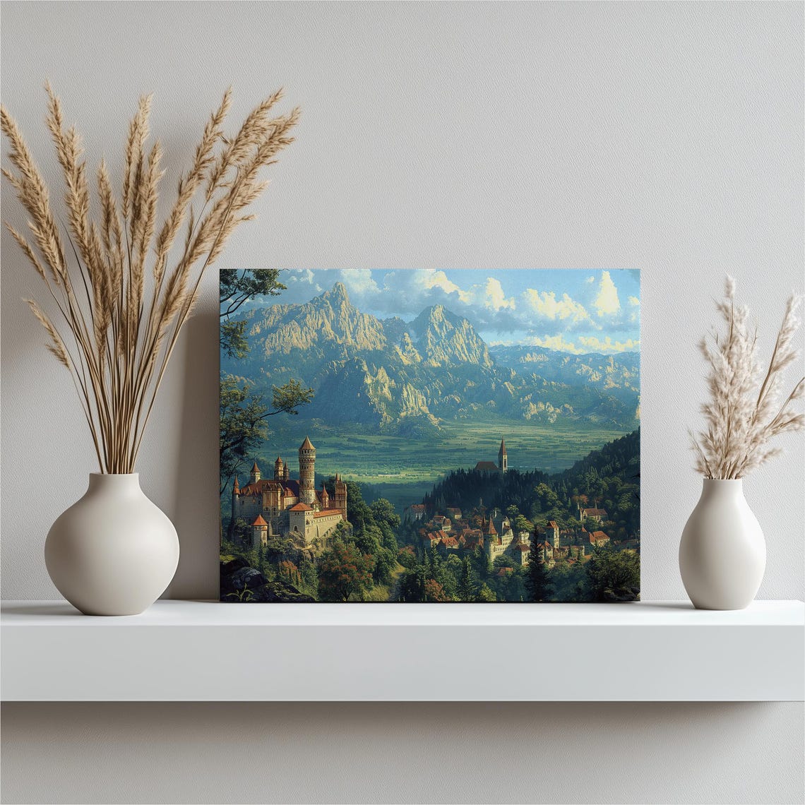 Fairytale Castle Above Alpine Village With Snowy Mountain Peaks Print