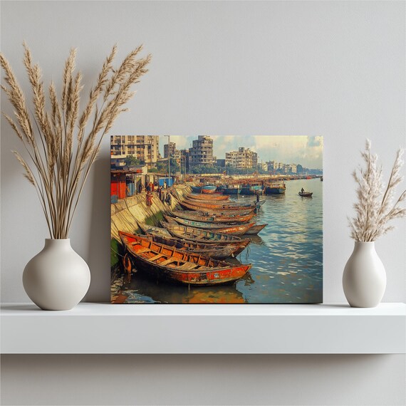 Urban Harbor Boats Canvas Wall Art Coastal Decor Nautical Cityscape Waterfront Painting River Riverside Wooden