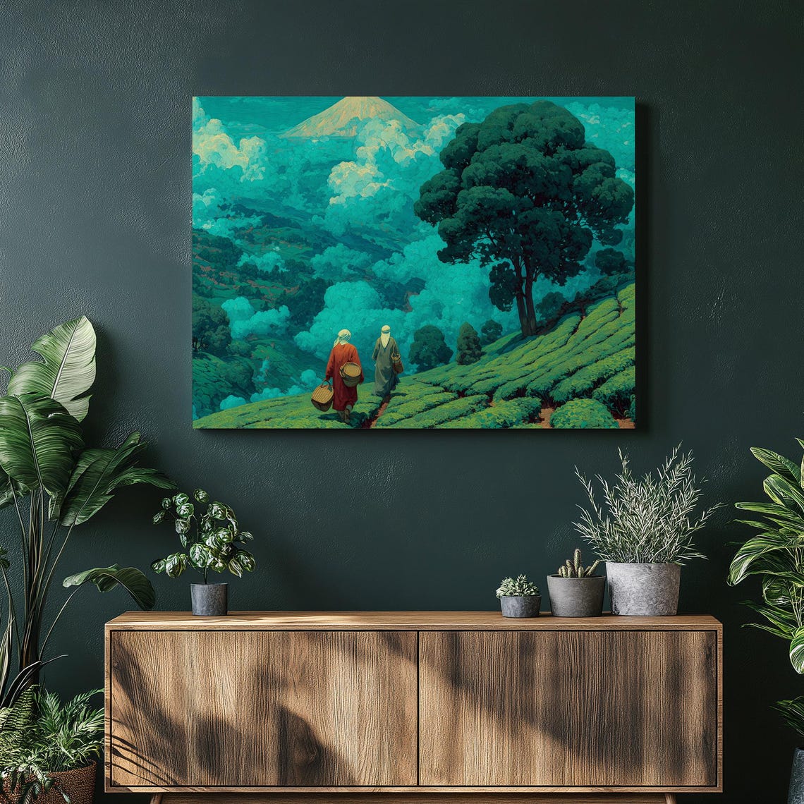 Tea Plantation Canvas Wall Art Colorful Surreal Nature Scene With Fields Baskets Mountain View Botanical Print Landscape Decor