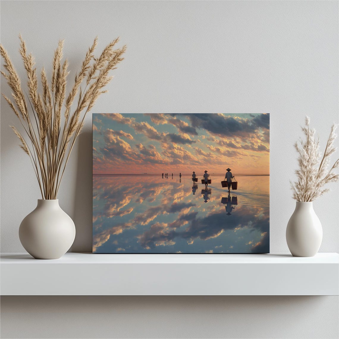 Sunset Reflection Canvas Wall Art Minimalist Coastal Landscape Print With Silhouettes On A Mirror Water Salt Flat Clouds Horizon Surreal