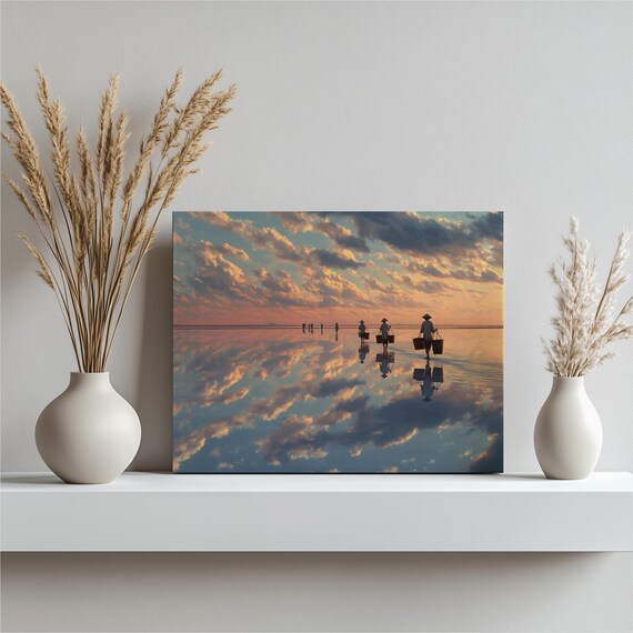 Sunset Beach Walkers Mirror Reflection Dramatic Sky Art Poster