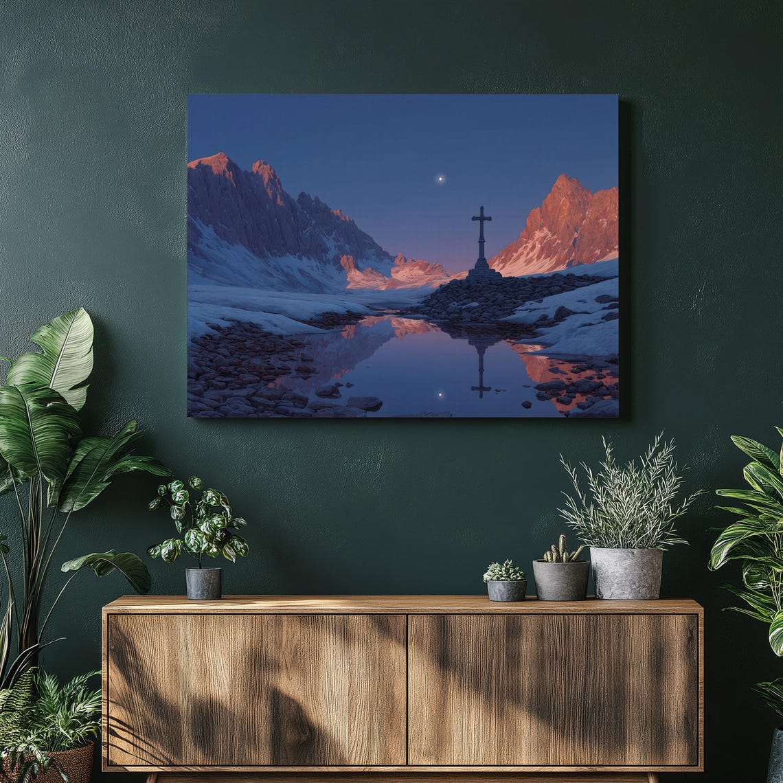 Mountain Cross Twilight Lake Canvas Print Snowy Peaks Christian Decor