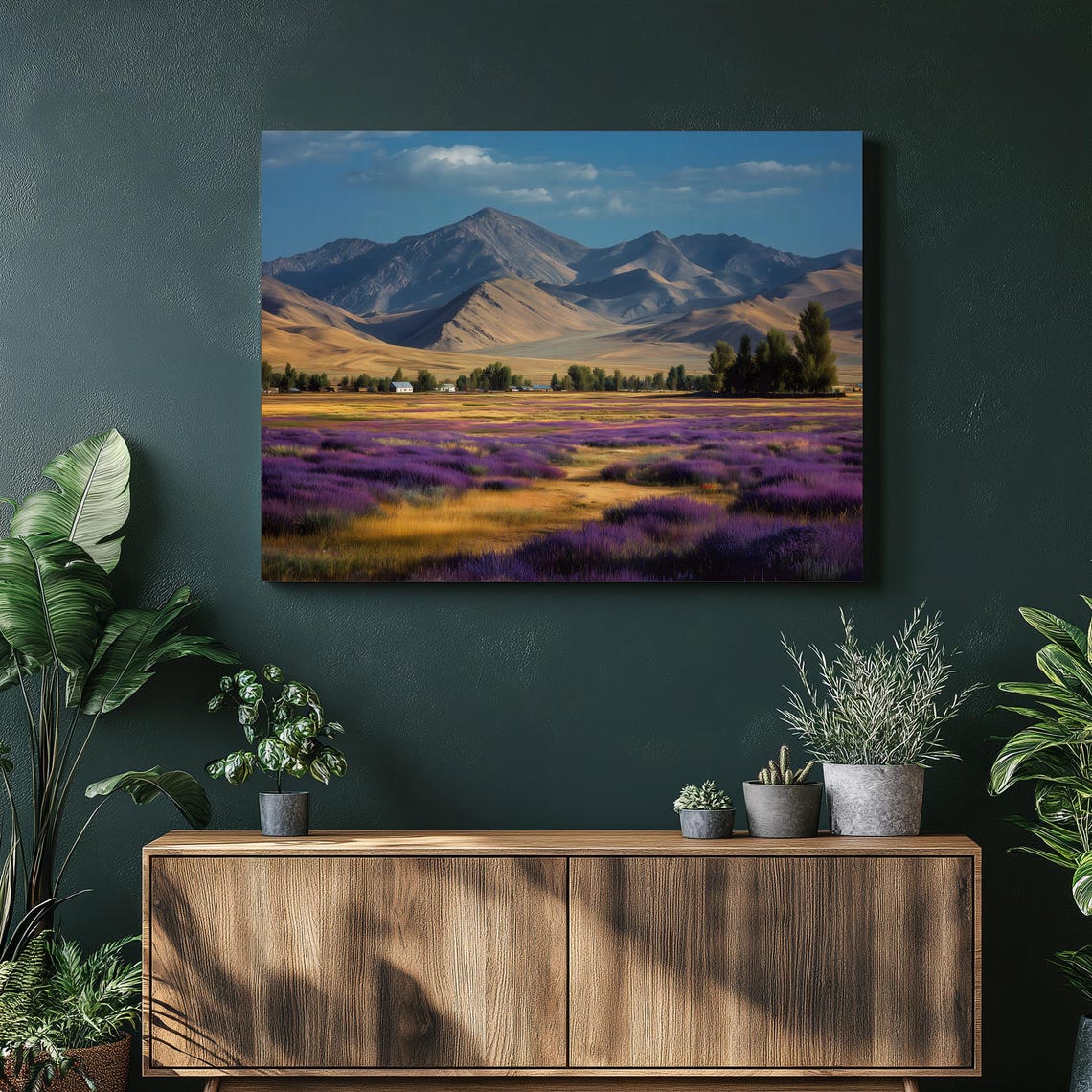 Lavender Field Purple Flowers Mountain Landscape Canvas Wall Art