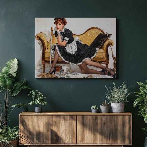 French Maid Canvas Wall Art Retro Pin Up Vintage Decor Playing Cards Print Gilded Sofa Painting Sexy Tarot Card