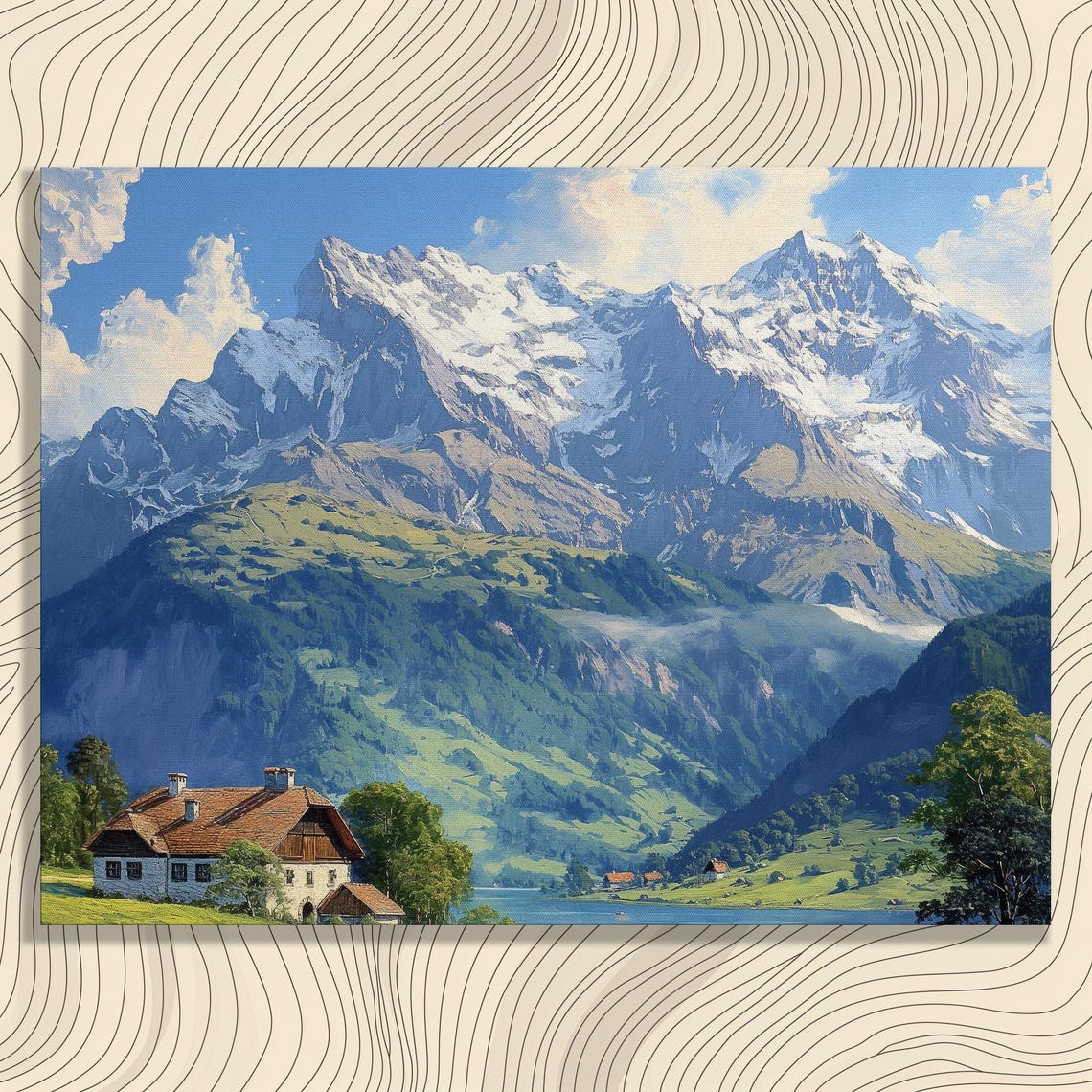 Alpine Chalet By Mountain Lake Beneath Snowy Peaks Landscape Print