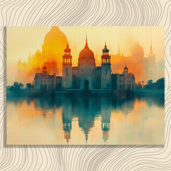 Dreamy Palace Canvas Wall Art Abstract Landscape Water Reflection Sunset Print Watercolor Painting Architecture Decor