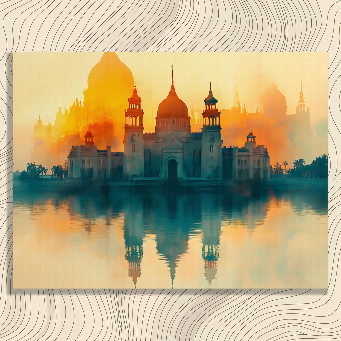 Dreamy Golden Palace Domes Reflected On Water Sunset Watercolor Poster
