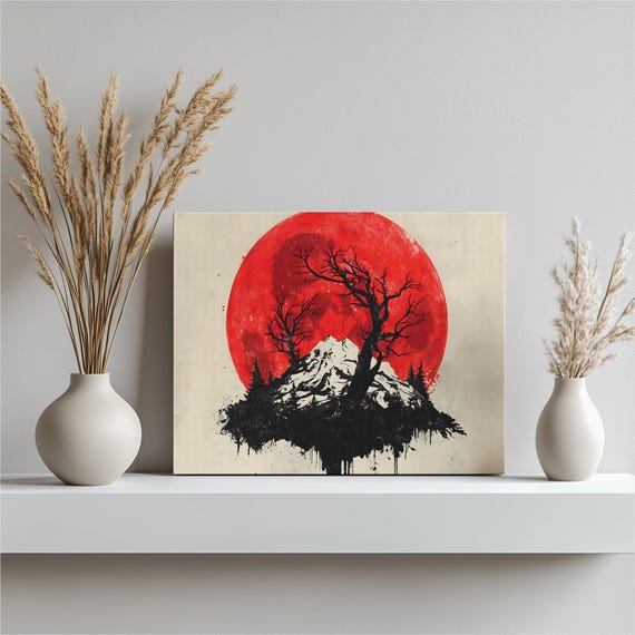 Blood Moon Surreal Canvas Wall Art Gothic Landscape Floating Island Red Lunar Mountain Peak Silhouettes Dark Forest Night Sky Moonlight