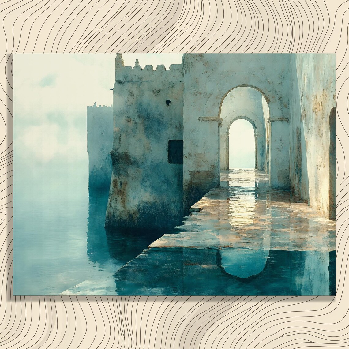 Ancient Coastal Fortress Watercolor Arched Stone Seaside Serene Poster
