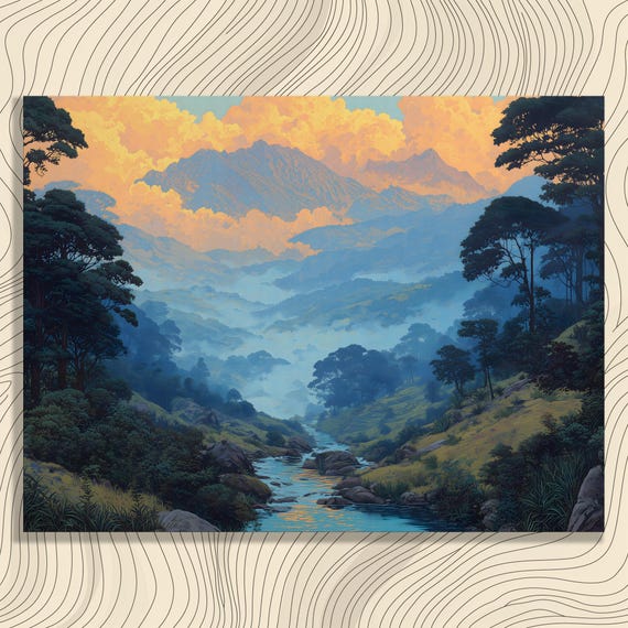 Mountain Landscape Canvas Wall Art Majestic Forest River Valley Print Serene Nature Decor Misty Scene Artwork