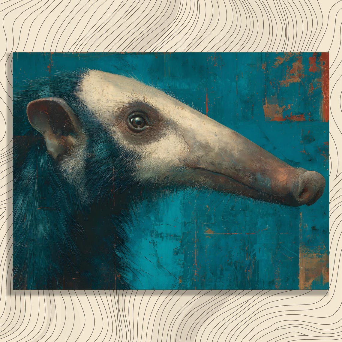 Giant Anteater Portrait Teal Background Modern Wildlife Style Print