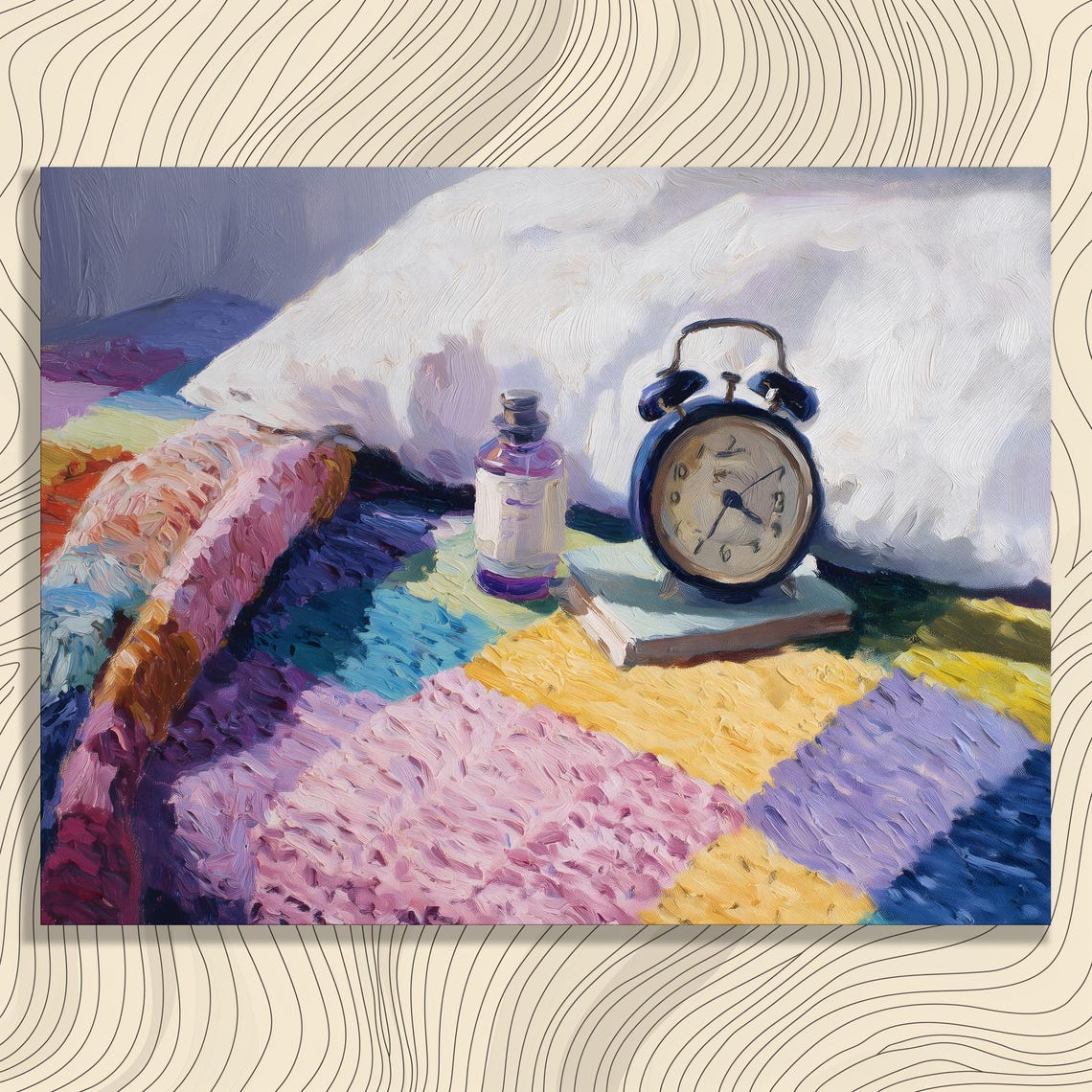 Alarm Clock and Perfume Bottle Cozy Quilt Still Life Art Poster