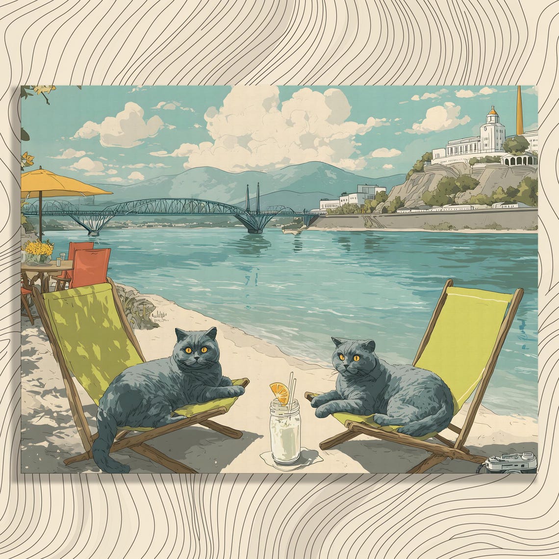 Two Grey Cats Relaxing on Beach Chairs by the River Retro Wall Art