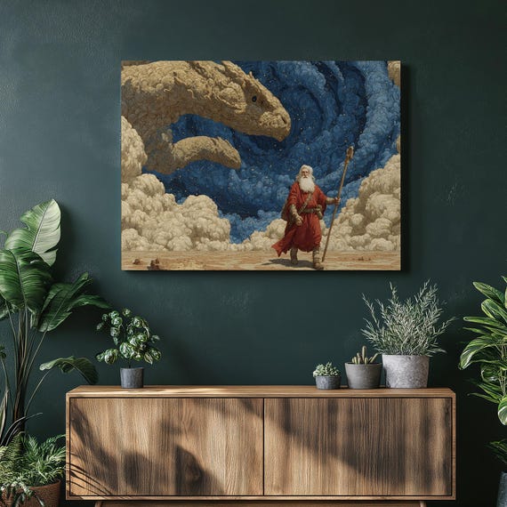 Desert Prophet Facing Cosmic Serpent Surreal Starry Sky Art Poster