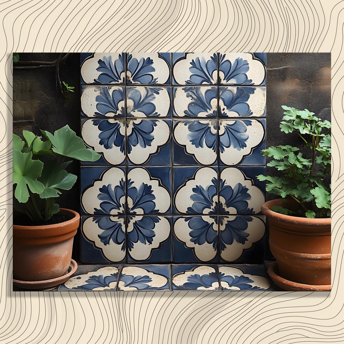 Blue White Azulejo Tiles Terracotta Pots Botanical Art Poster