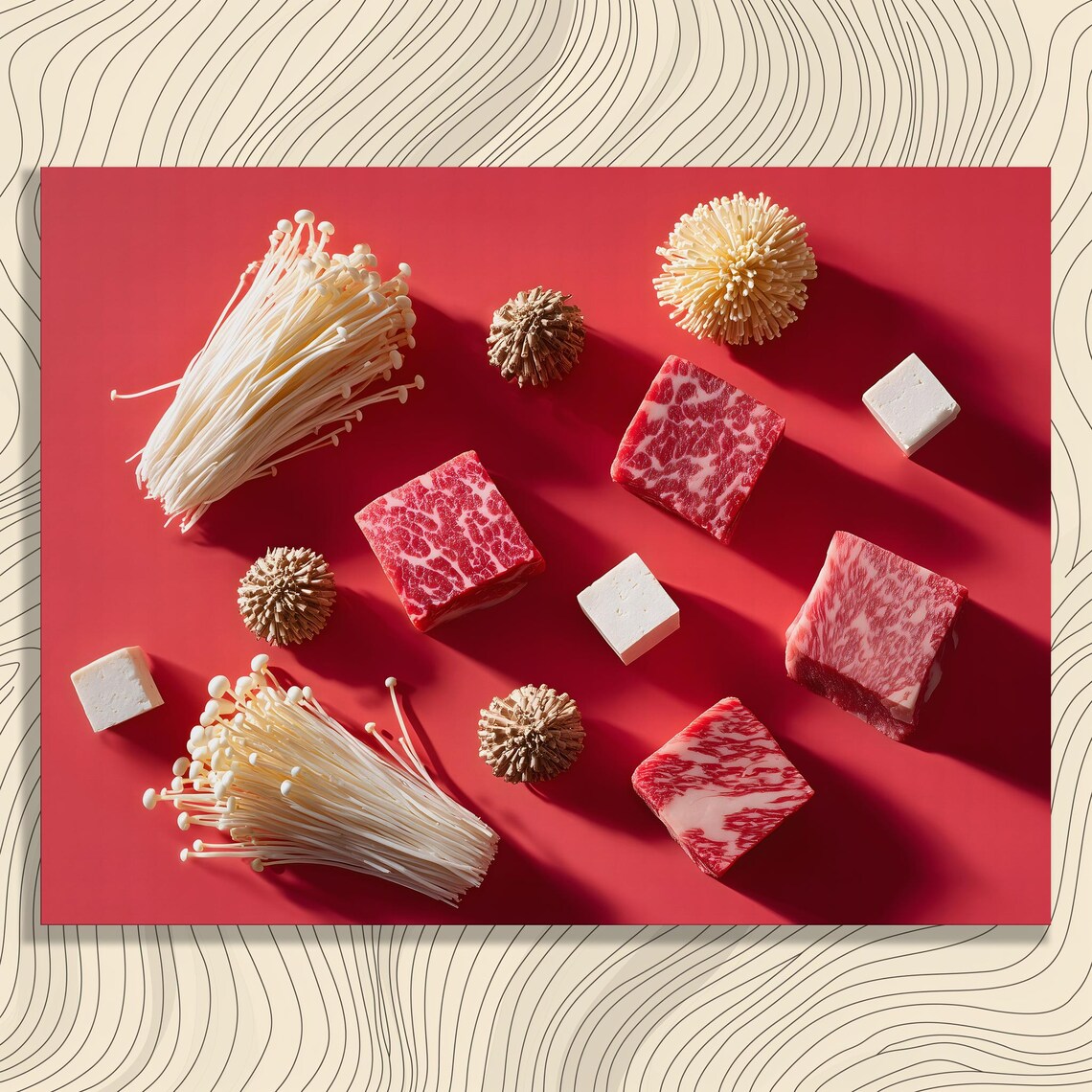 Asian Hot Pot Ingredients Wagyu Beef Mushroom Food Art Poster