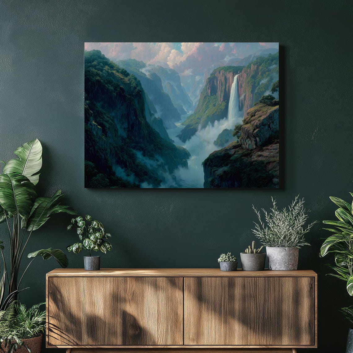 Majestic Waterfall Plunging Through a Misty Jungle Canyon Wall Art