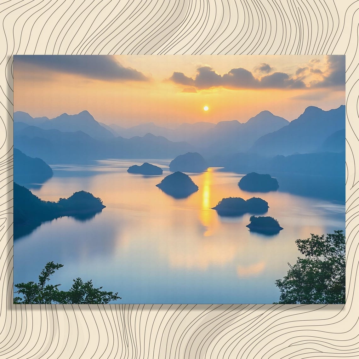 Misty Lake Sunset Mountain Islands Reflection Nature Art Poster