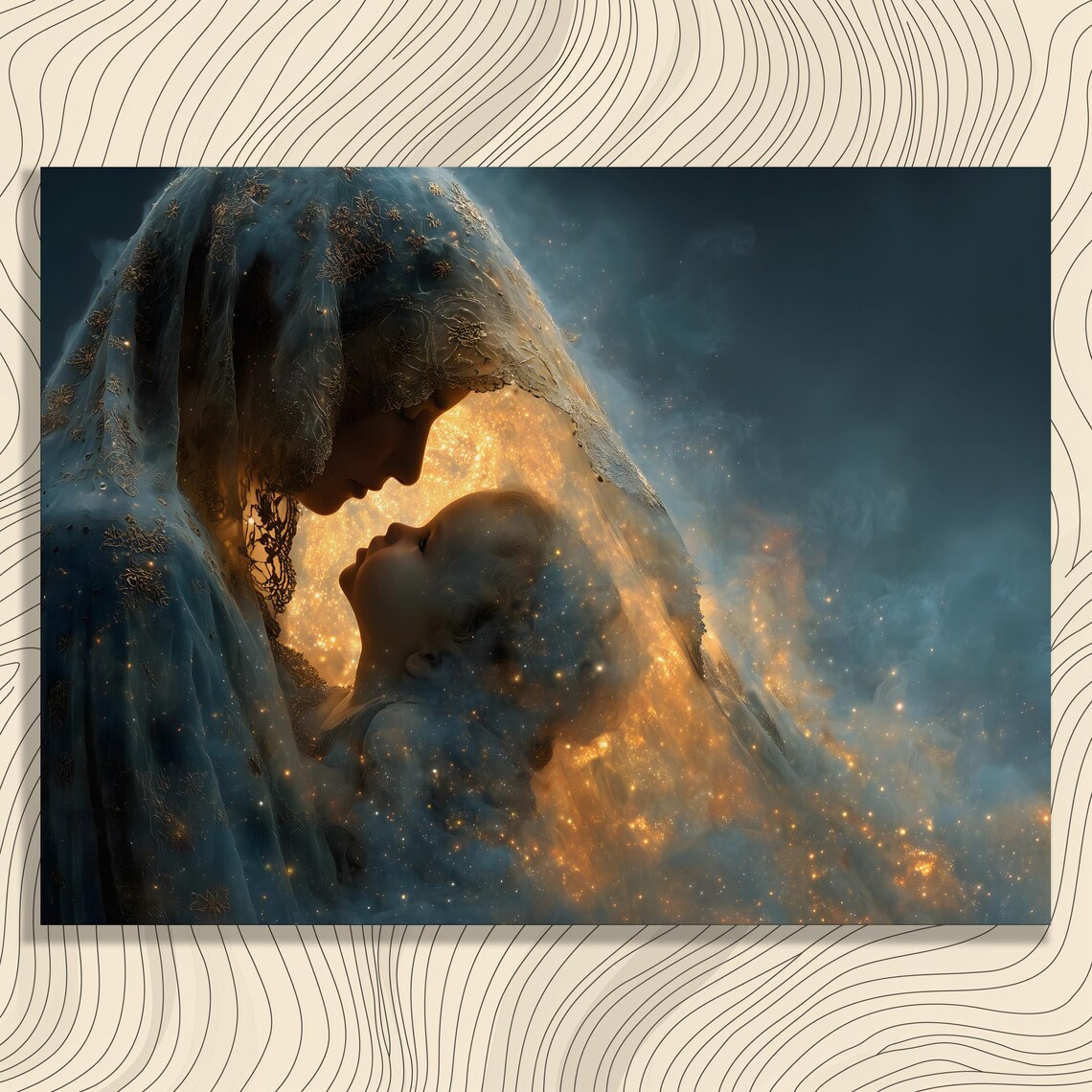 Mother And Child Celestial Golden Starry Night Loving Art Poster