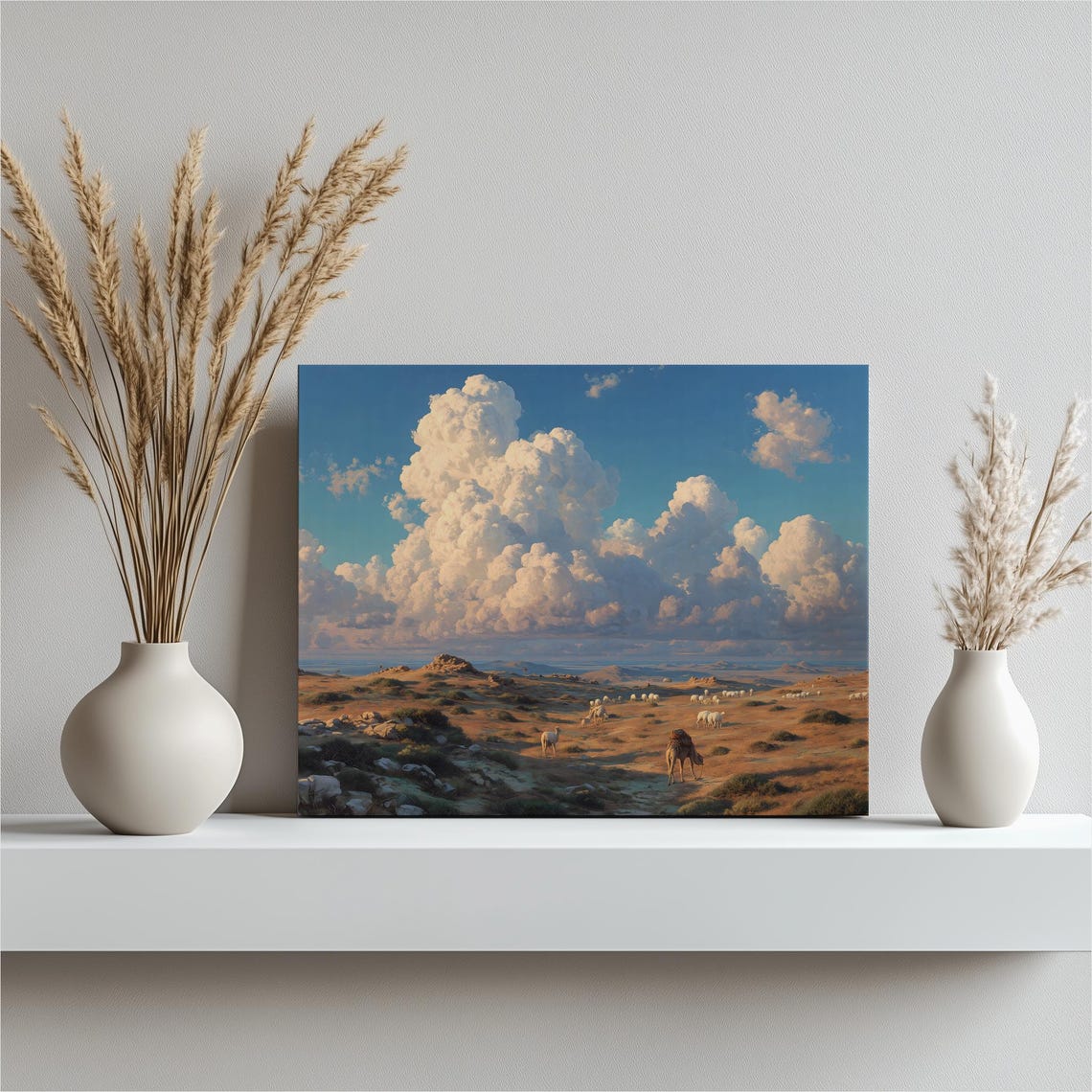 Desert Camels at Sunset With Towering Clouds Pastel Painting Poster