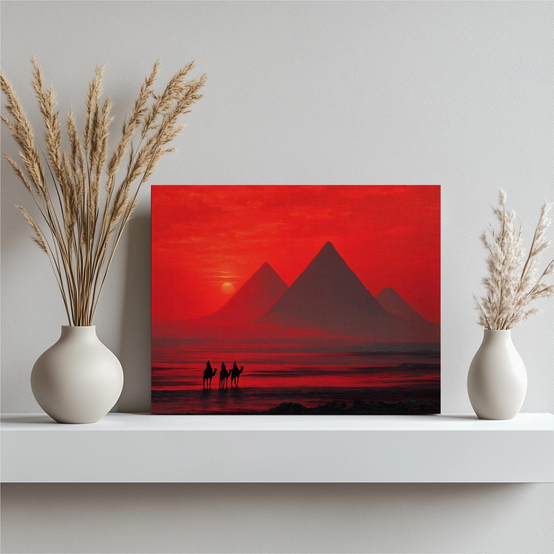Giza Pyramids Red Sunset Camel Silhouette Egypt Desert Art Poster