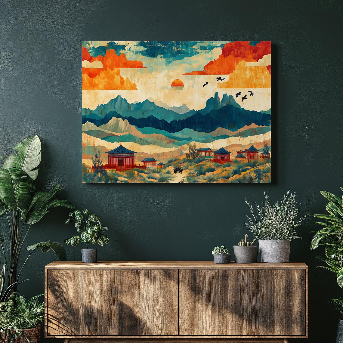 Mongolian Steppe Sunset Temples Horse Riders Mountain Landscape Poster