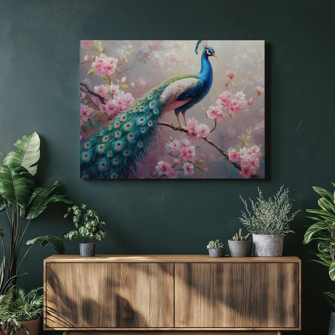 Peacock Perched Branch Pink Blossoms Elegant Bird Painting Wall Art