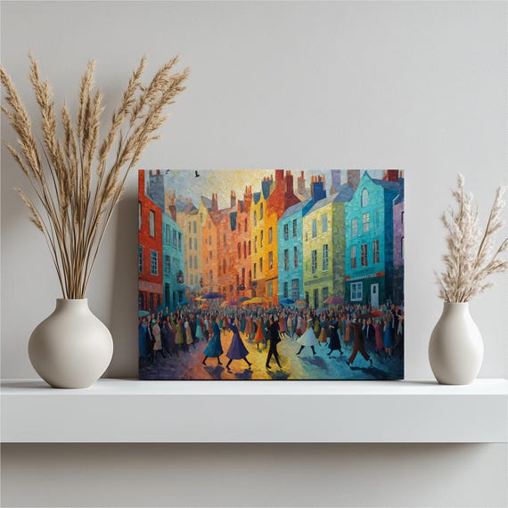 Colorful City Dancers Canvas Wall Art Impressionist Urban Crowd With Umbrellas Evening Glow Impasto Cityscape Artwork Vibrant Street View