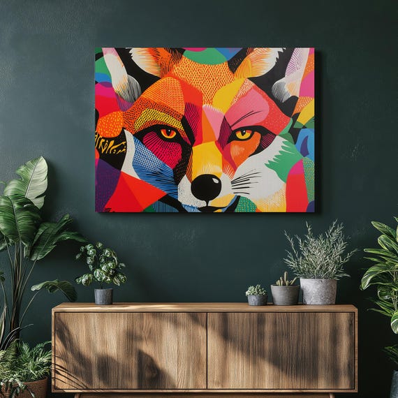 Geometric Fox Canvas Wall Art Vibrant Colorful Animal Portrait Modern Wildlife Decor Pop Illustration Print For Bold Contemporary Home