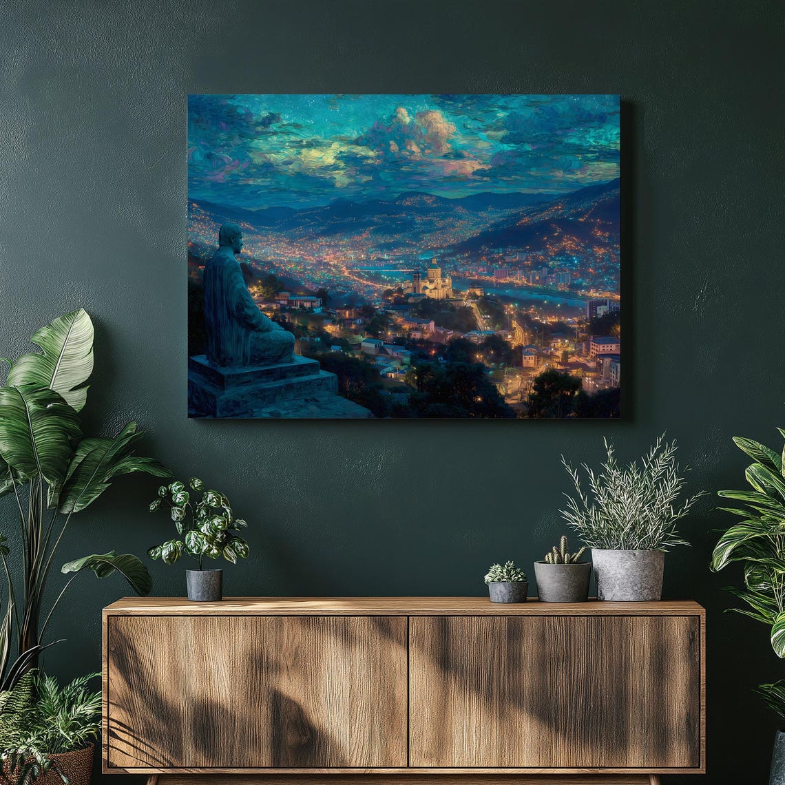 Night City Lights Overlook Statue River Cityscape Painting Poster