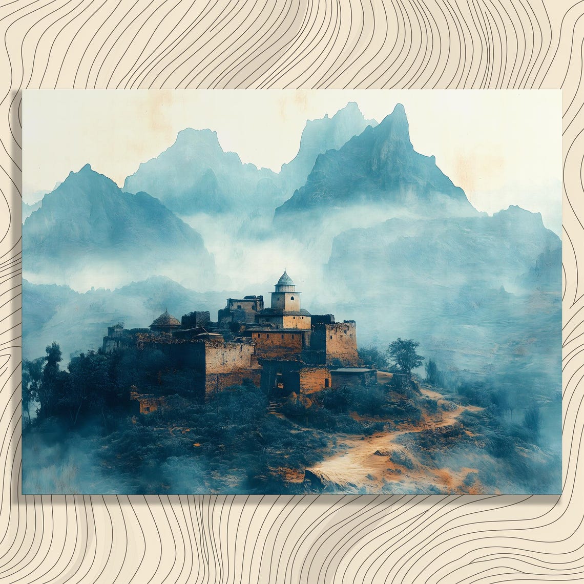 Ancient Mountain Citadel in Misty Blue Peaks Watercolor Poster