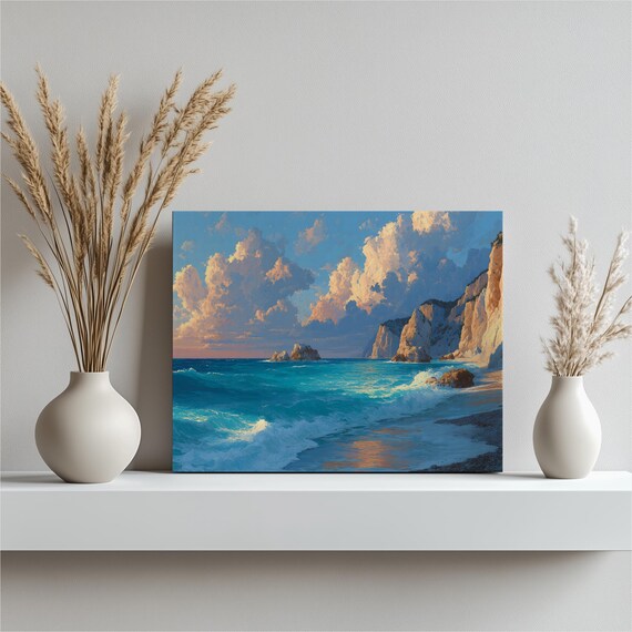 Dramatic Sea Cliffs Sunset Waves Turquoise Ocean Painting Poster