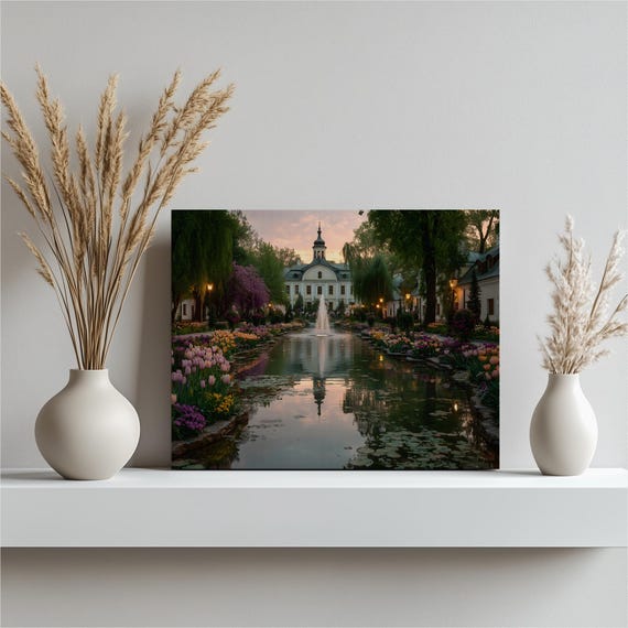 Serene Tulip Garden Canvas Wall Art Fountain At Dusk By A Lily Pond Victorian Manor Scene Colorful Floral Landscape Botanical Print