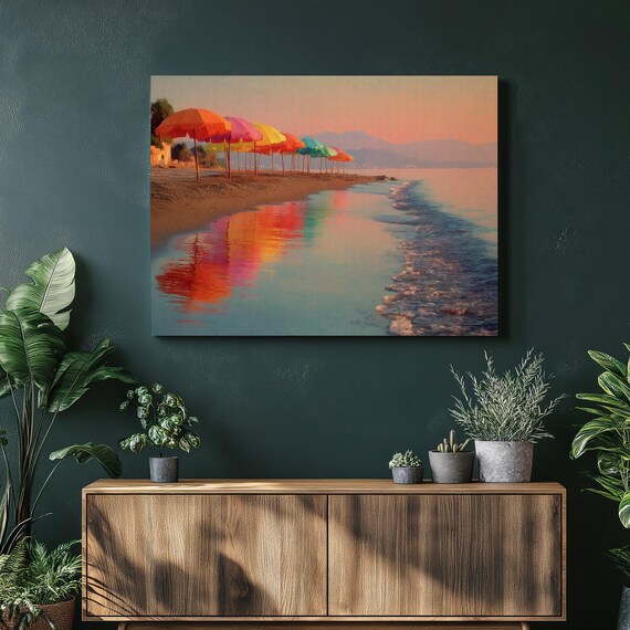 Colorful Beach Umbrellas Sunset Coastal Impressionist Ocean Poster