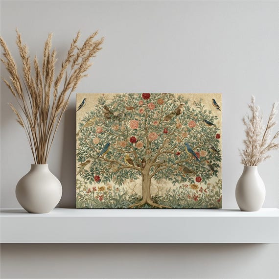 Vintage Botanical Birds Canvas Wall Art Floral Tree Of Life Print Rose Garden Illustration Nature Artwork Decor Gift