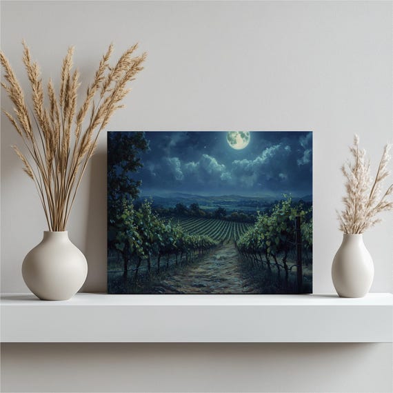 Moonlit Vineyard Poster Full Moon Night Over Sleeping Grapevines Art