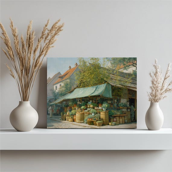 Bamboo Market Canvas Wall Art Rustic Botanical Garden Decor Terrace Print French Village Flower Stall Poster Vintage Plant Illustration